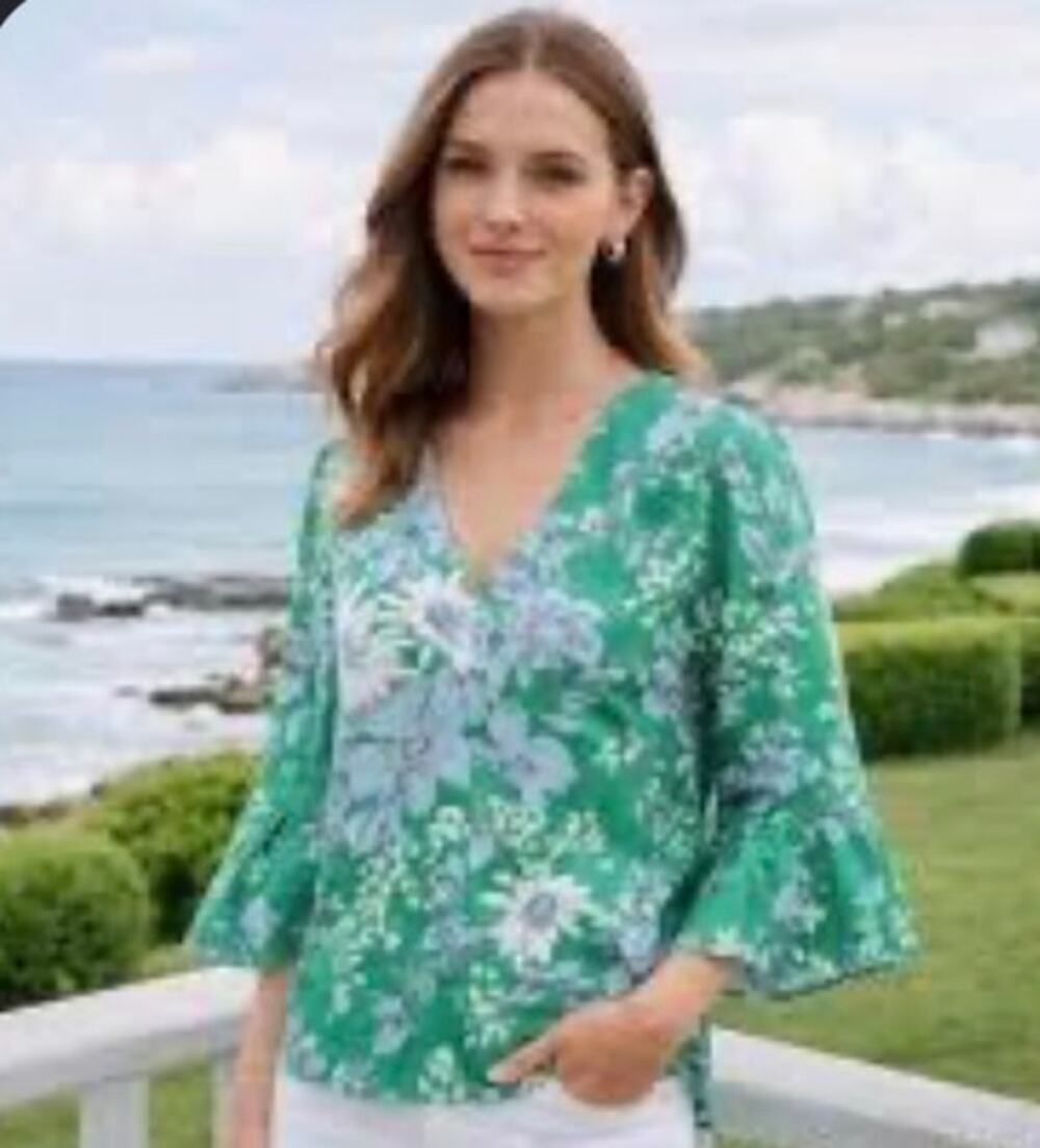 Tuckernuck Women's Blouse Green & Blue Spring Floral V-Neck Bell Sleeves - Small